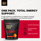 GNC Mega Men caja abierta con masticables individualmente envueltos, fácil llevar