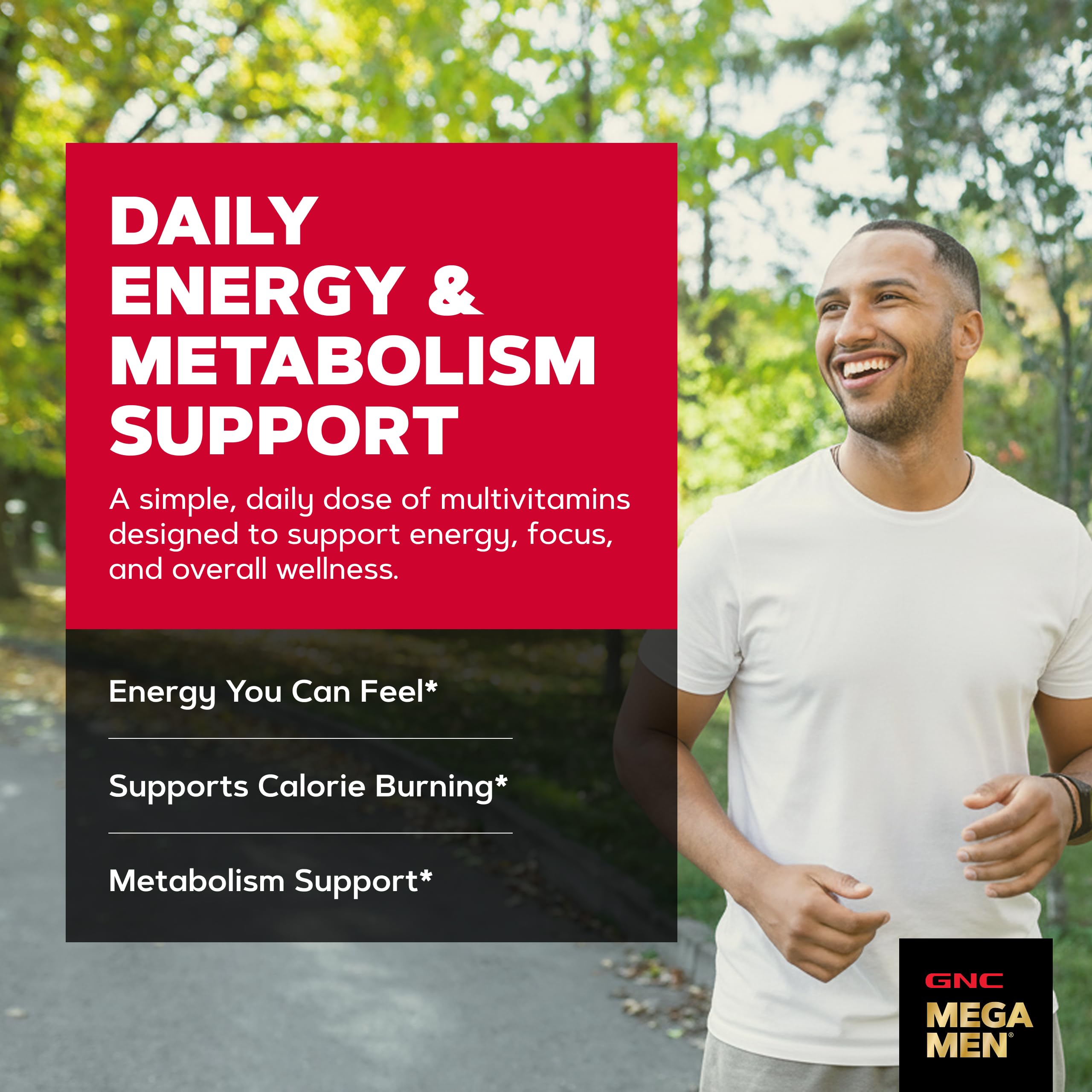 GNC Mega Men primer plano de cápsulas para ver textura y formato fácil de tragar