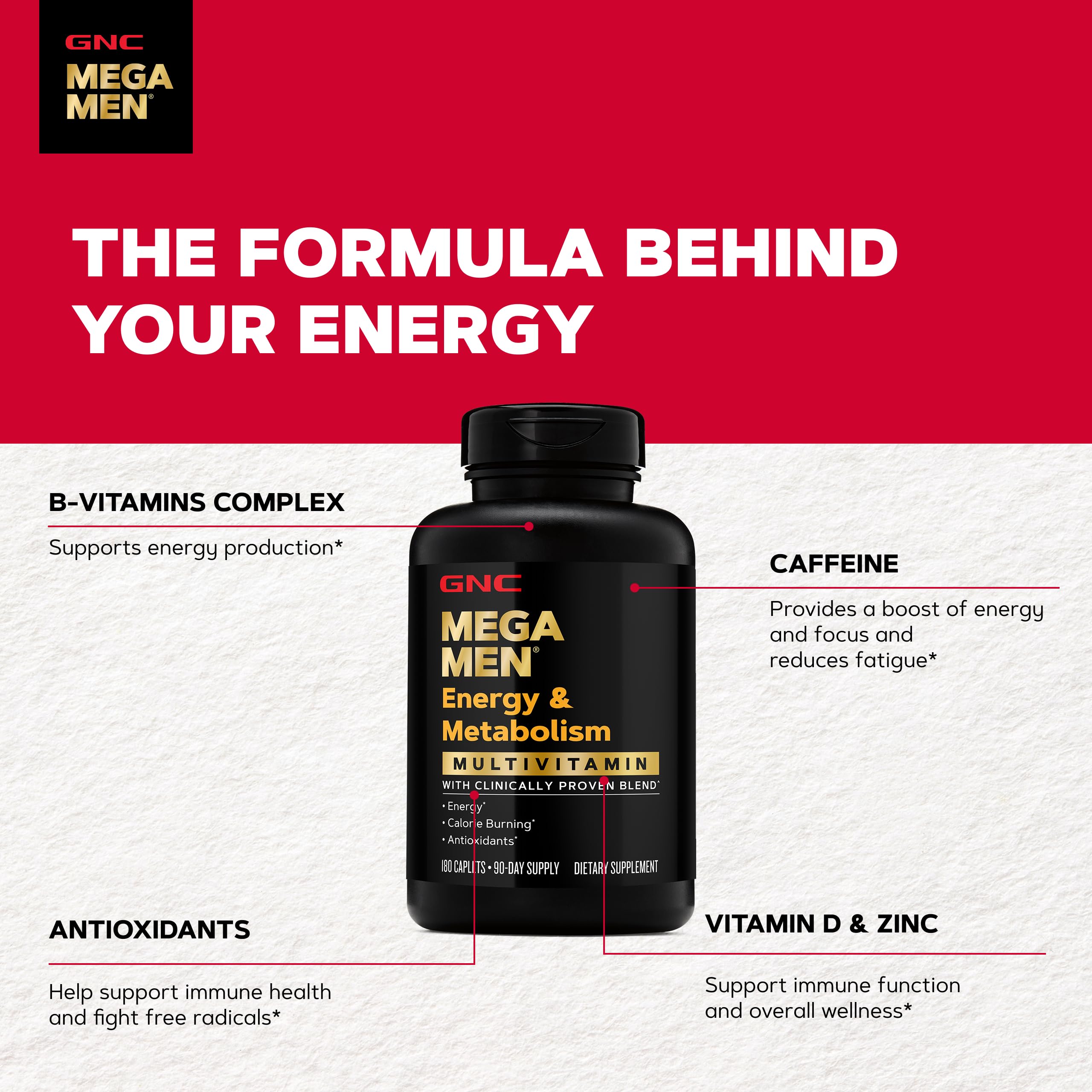 GNC Mega Men etiqueta nutricional enfocada en vitaminas B y antioxidantes