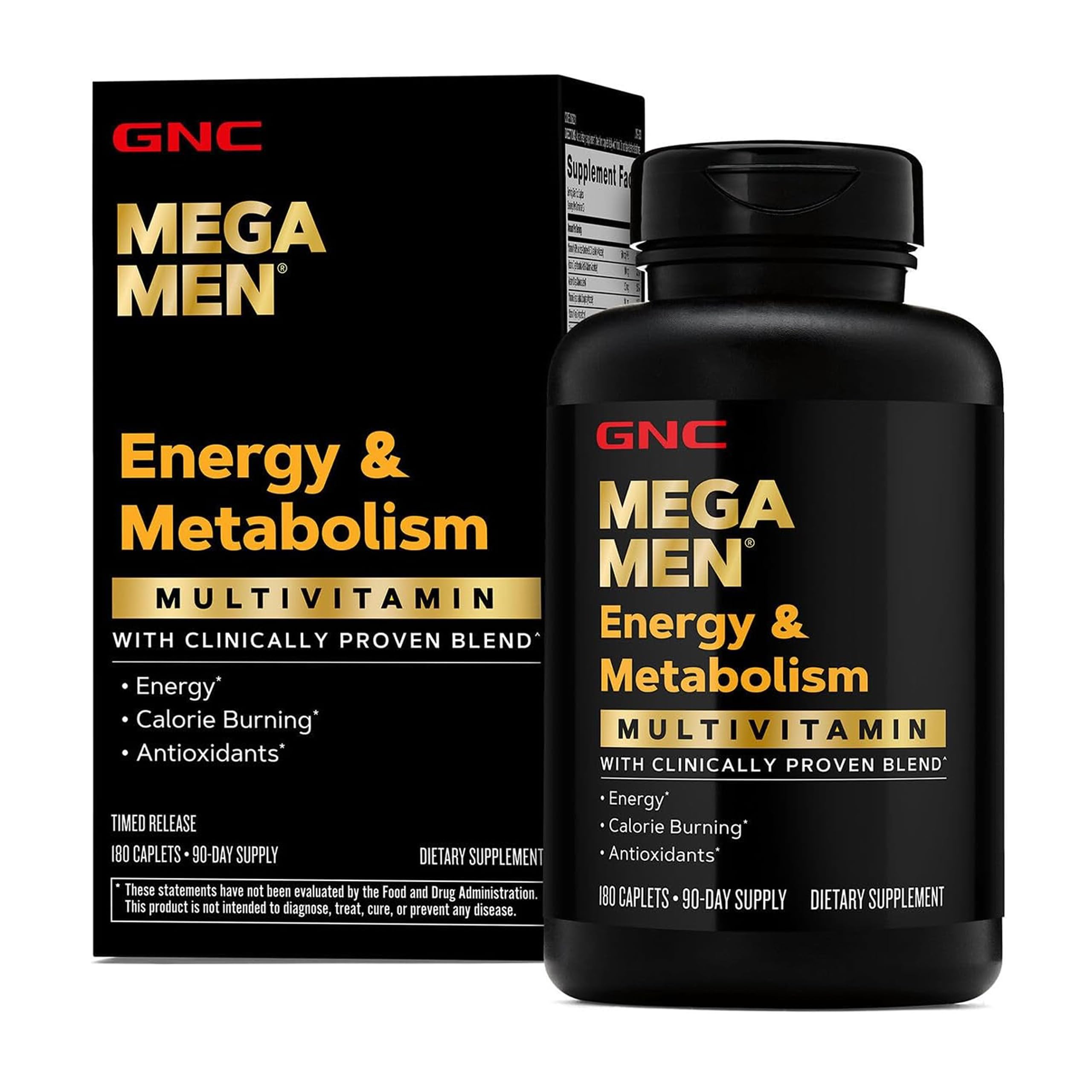 GNC Mega Men frontal del envase mostrando 180 cápsulas y beneficio de suministro prolongado