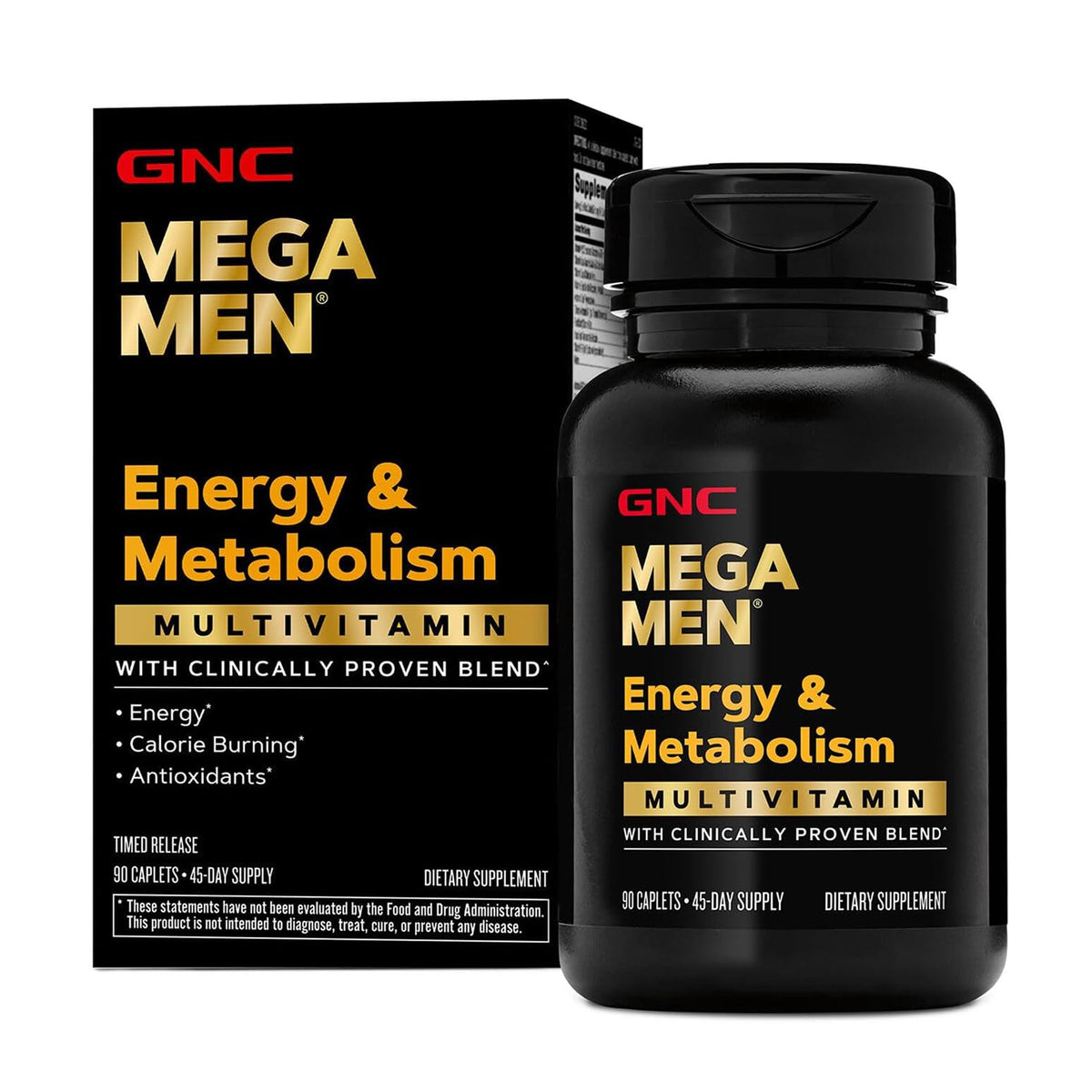 GNC Mega Men vista frontal del envase que muestra 90 cápsulas y beneficios