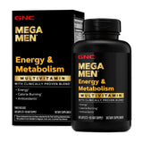 GNC Mega Men frontal del envase mostrando 180 cápsulas y beneficio de suministro prolongado