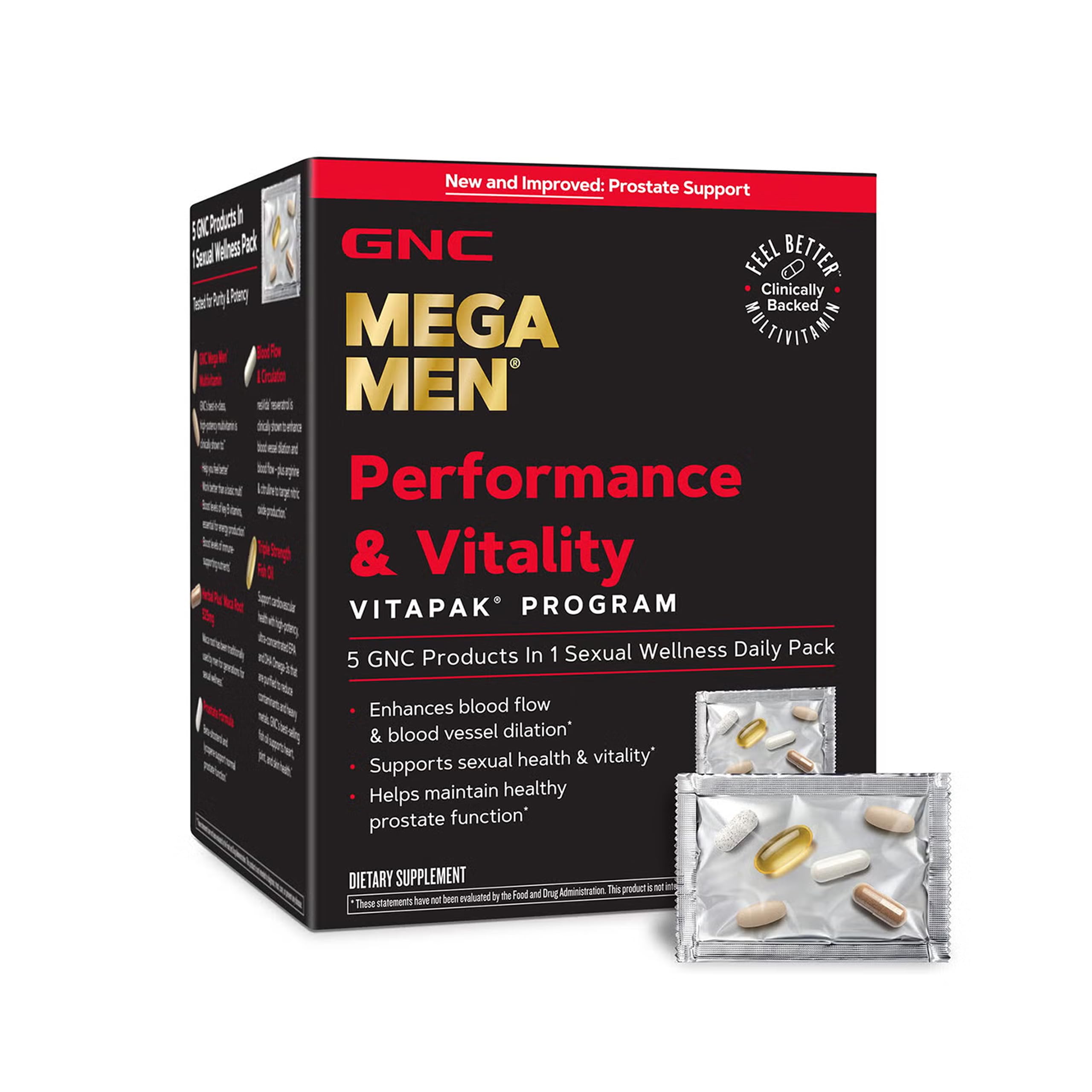 GNC Mega Men pack frontal mostrando cajas y sobres, beneficio conveniencia