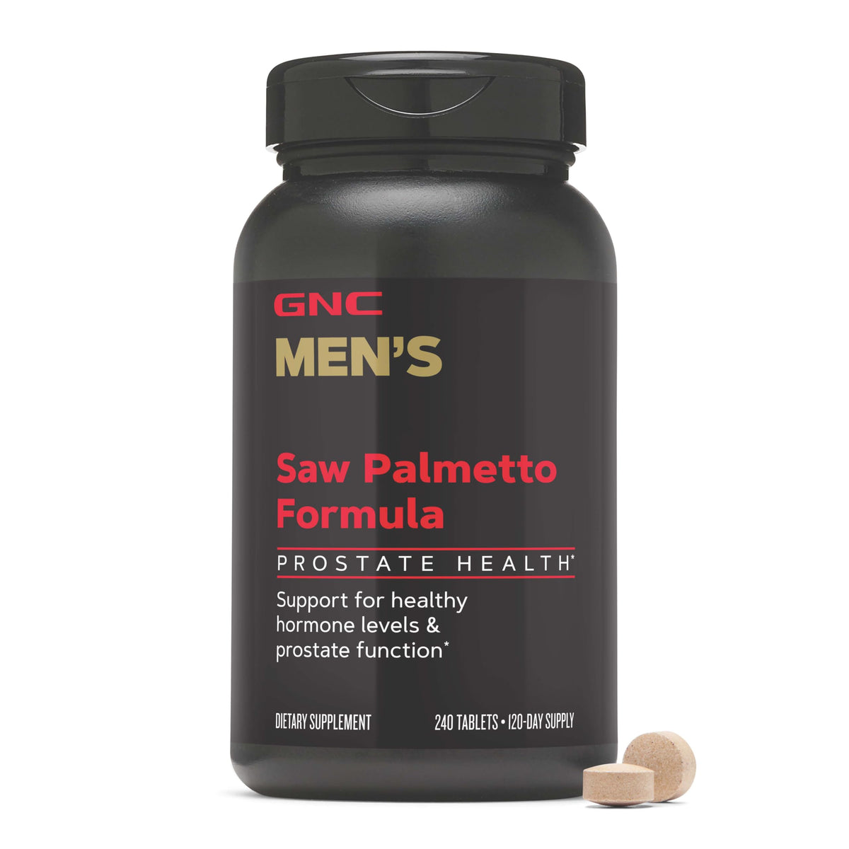 GNC Mega Men Saw Palmetto envase frontal mostrando 240 tabletas y beneficio prostático