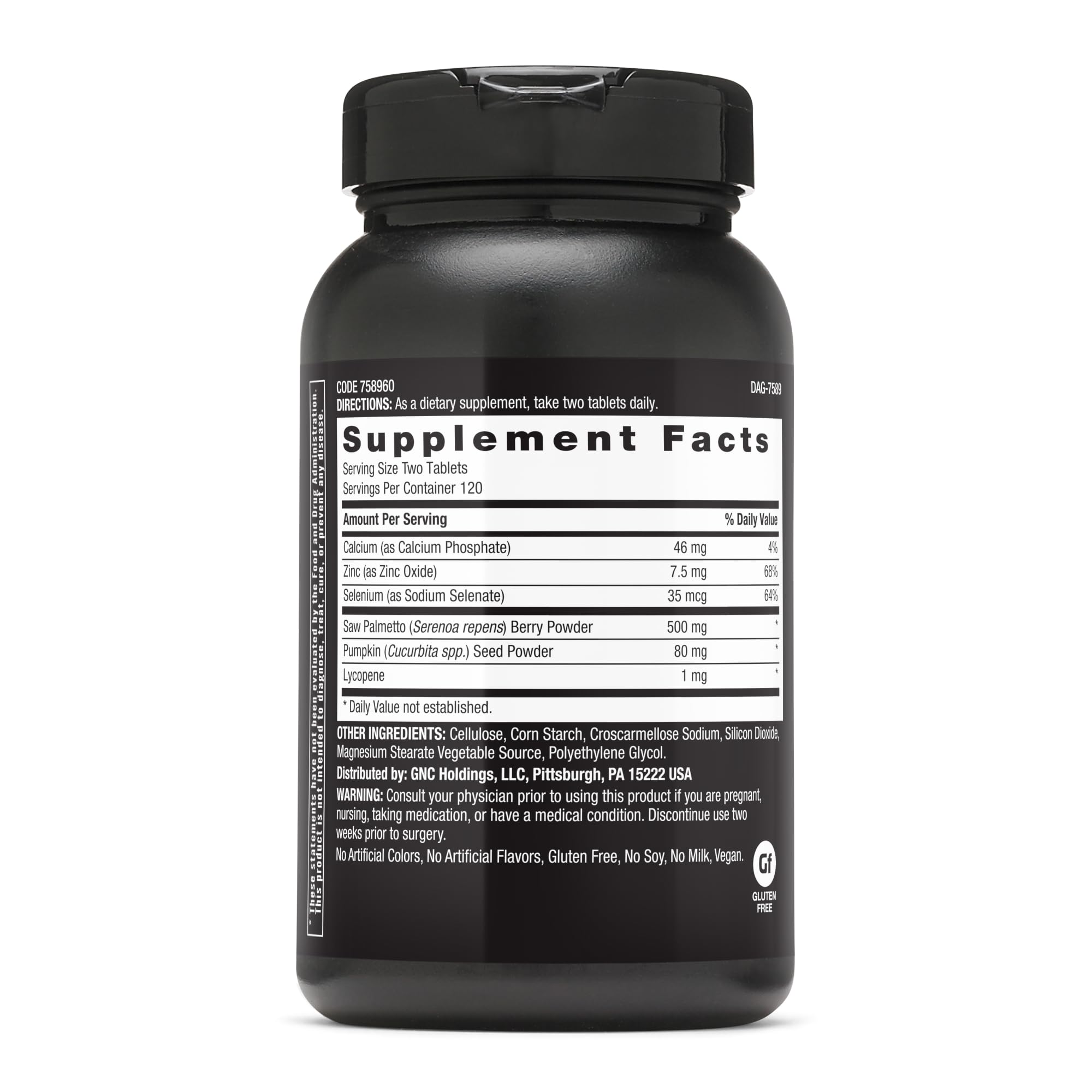GNC Mega Men Saw Palmetto primer plano de tabletas y textura, fácil de tragar