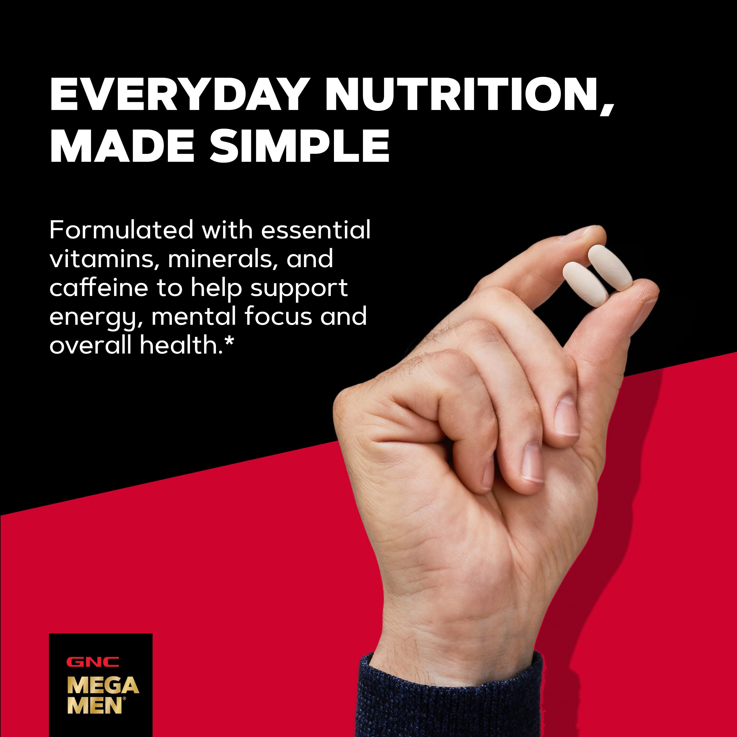 GNC Mega Men cápsula en mano para comparar tamaño y facilidad de consumo
