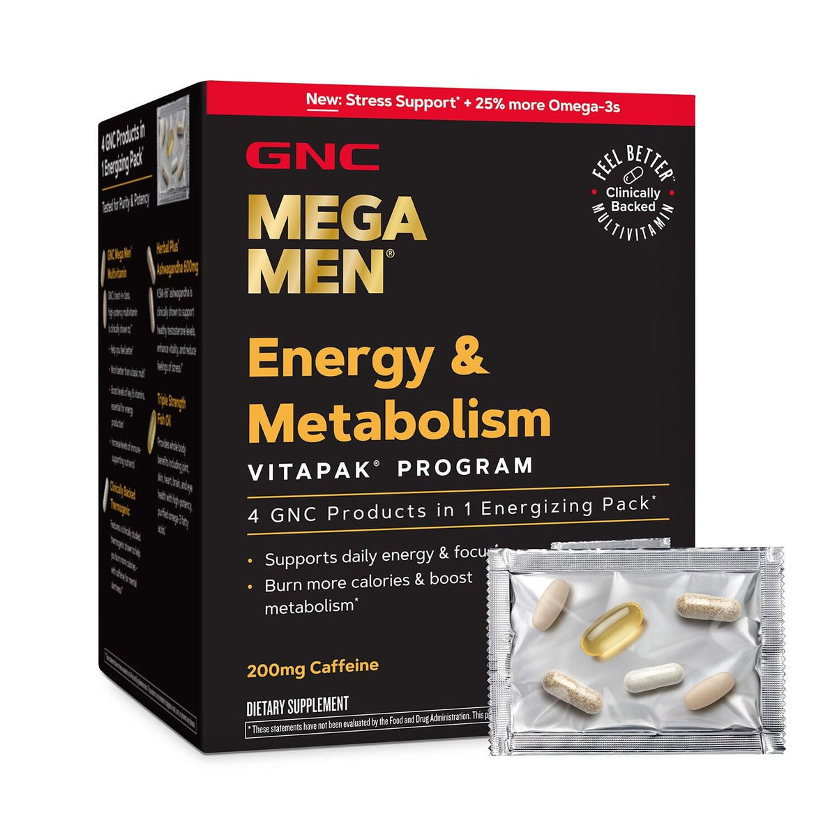 GNC Mega Men frente del empaque mostrando el pack y beneficios resumidos