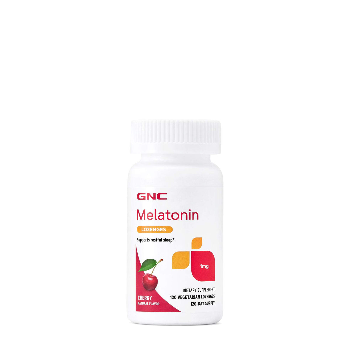 GNC pastillas Melatonin 1mg cereza envase frontal, fácil identificación y conveniencia