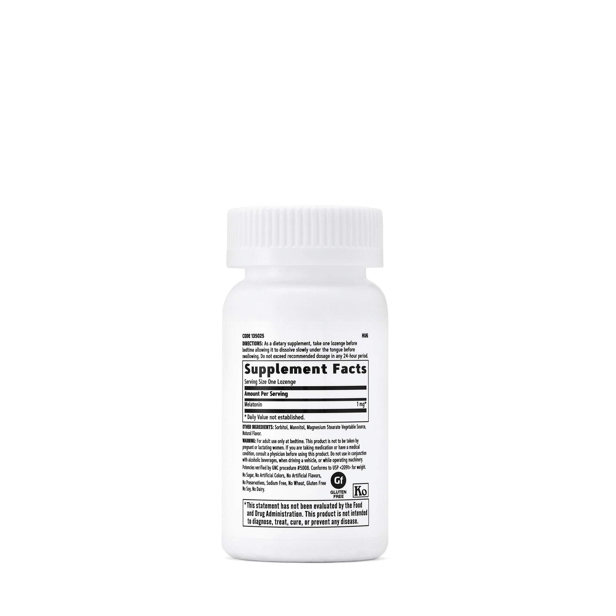 Detalle de textura de pastilla GNC Melatonin 1mg cereza, apariencia masticable y sin azúcar