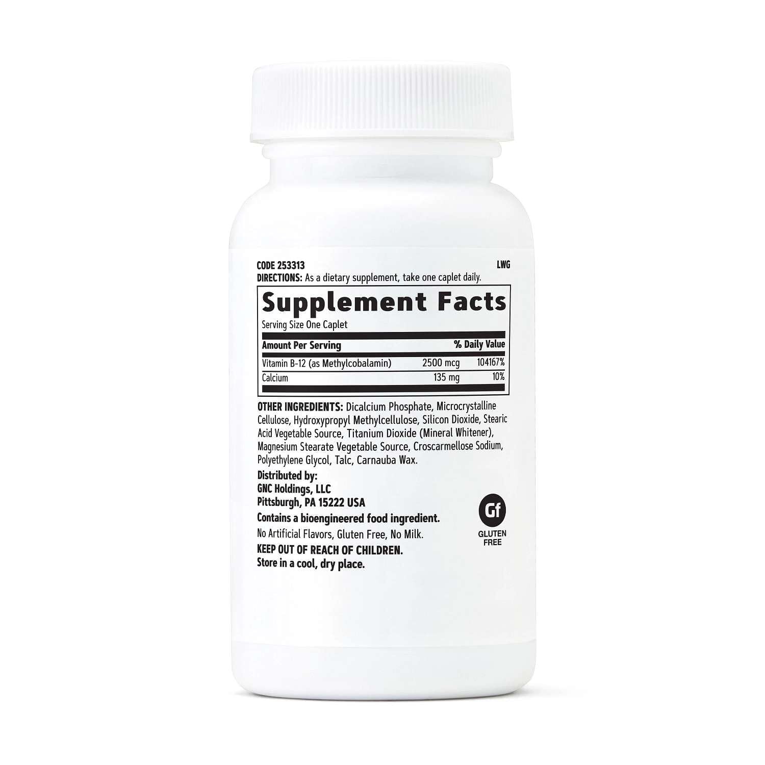 GNC primer plano del caplet de metil B12 destacando textura y tamaño fácil de tragar