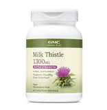 GNC frasco frontal de Milk Thistle 1300 mg muestra la etiqueta y beneficios claros