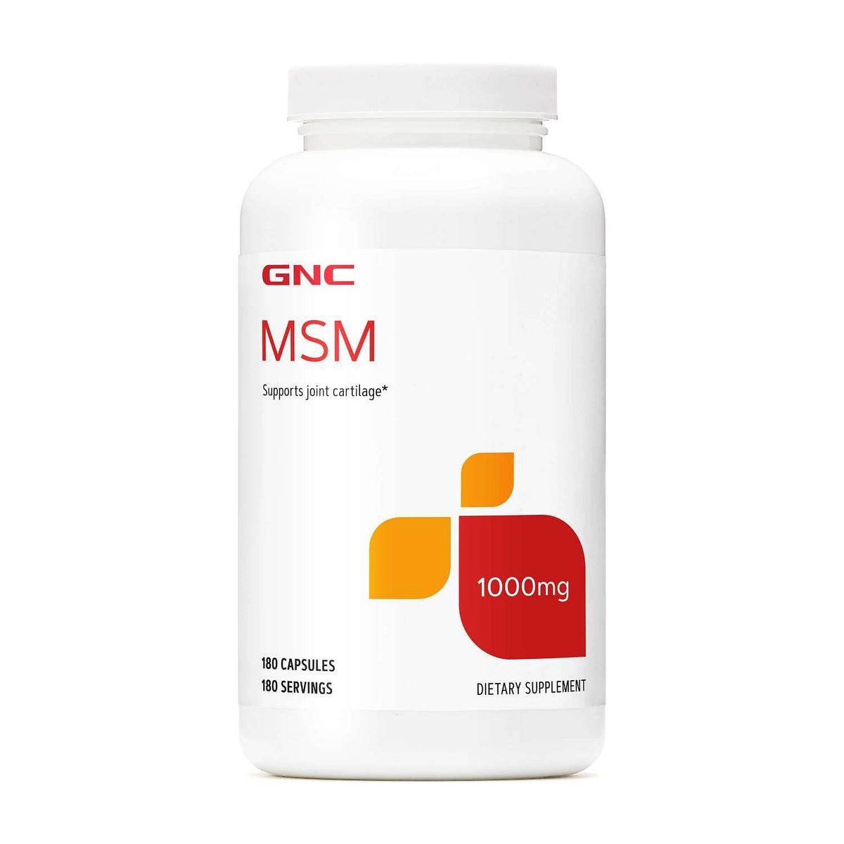 GNC frasco frontal de MSM 1000 mg con 180 cápsulas, identificación clara del producto y conveniencia