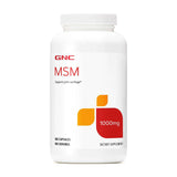 GNC frasco frontal de MSM 1000 mg con 180 cápsulas, identificación clara del producto y conveniencia