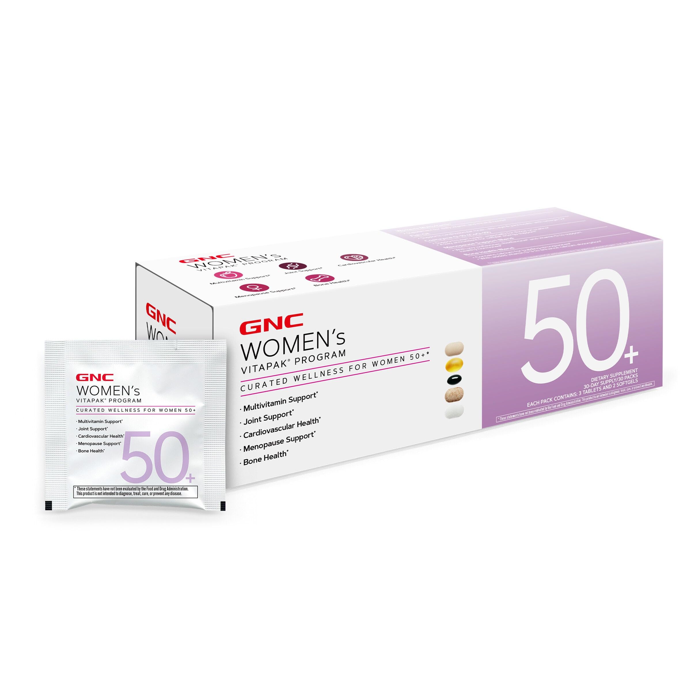 GNC vista frontal del Vitapak 50+ mostrando envase y beneficio de conveniencia