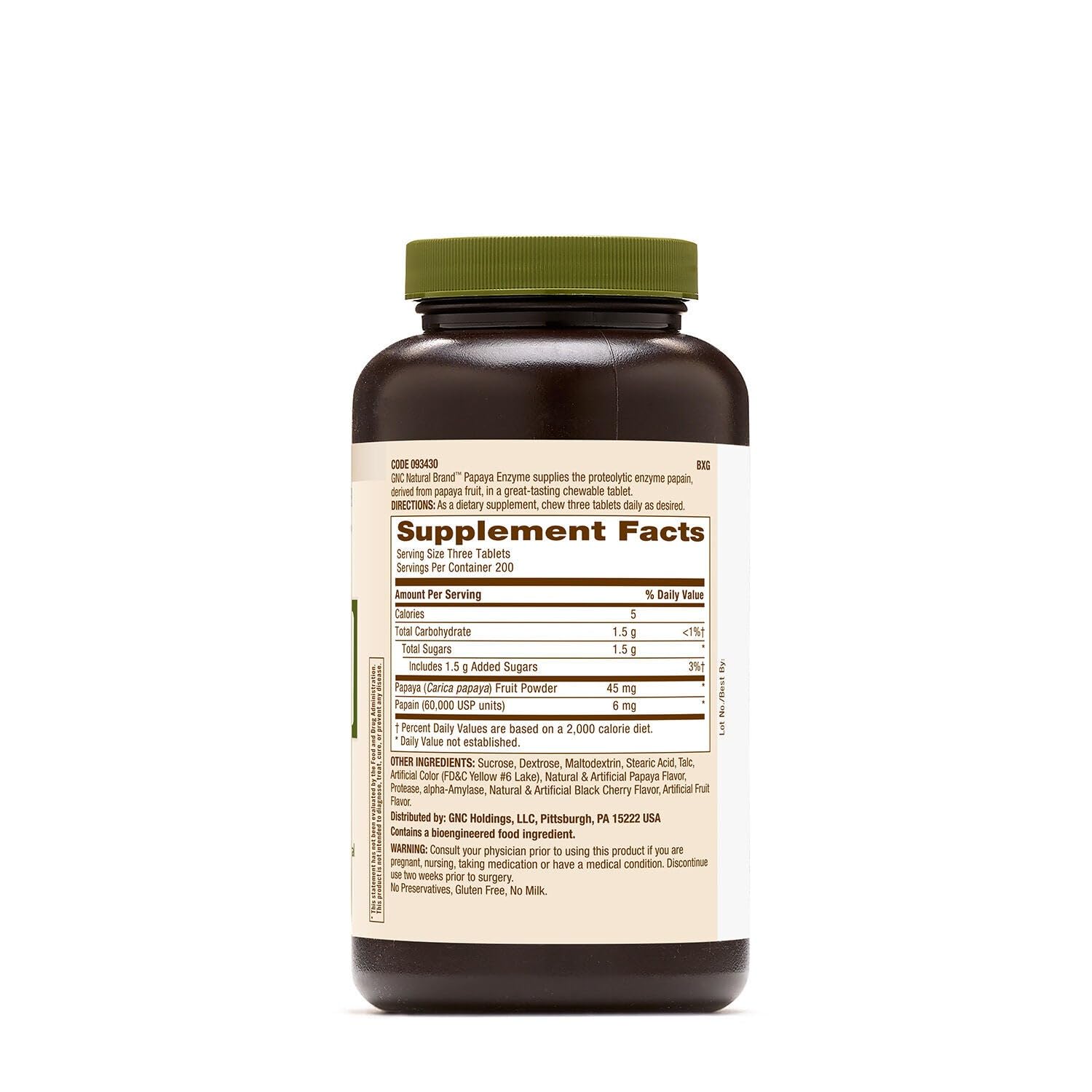 GNC primer plano de tabletas masticables mostrando textura y tamaño para uso diario