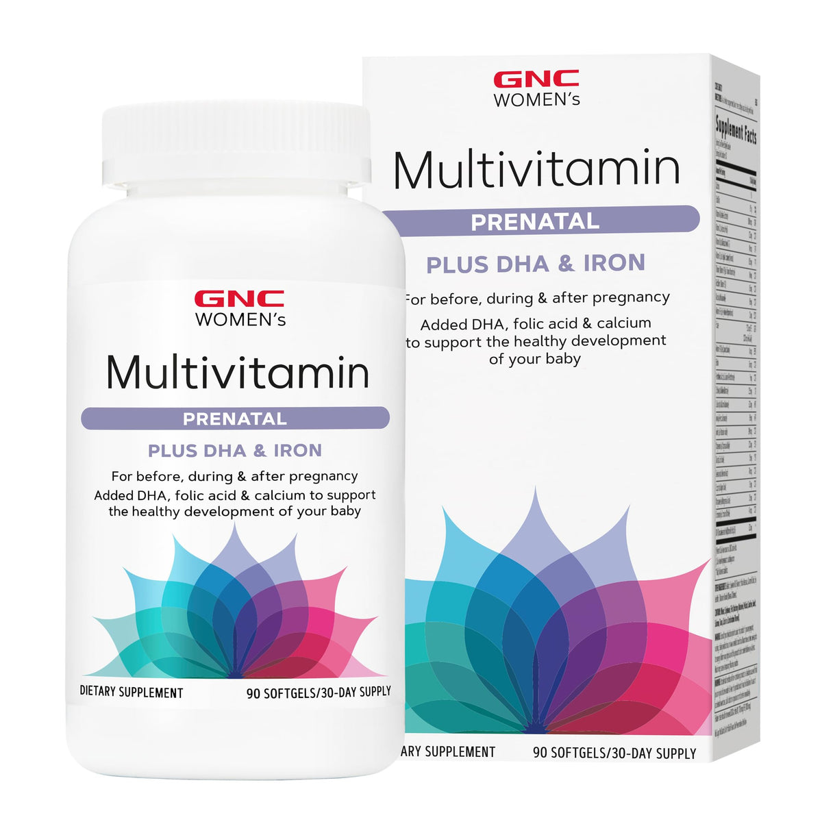 GNC frasco frontal mostrando la etiqueta y beneficios del suplemento prenatal