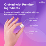 GNC representación de ácido fólico, hierro, calcio y zinc como ingredientes