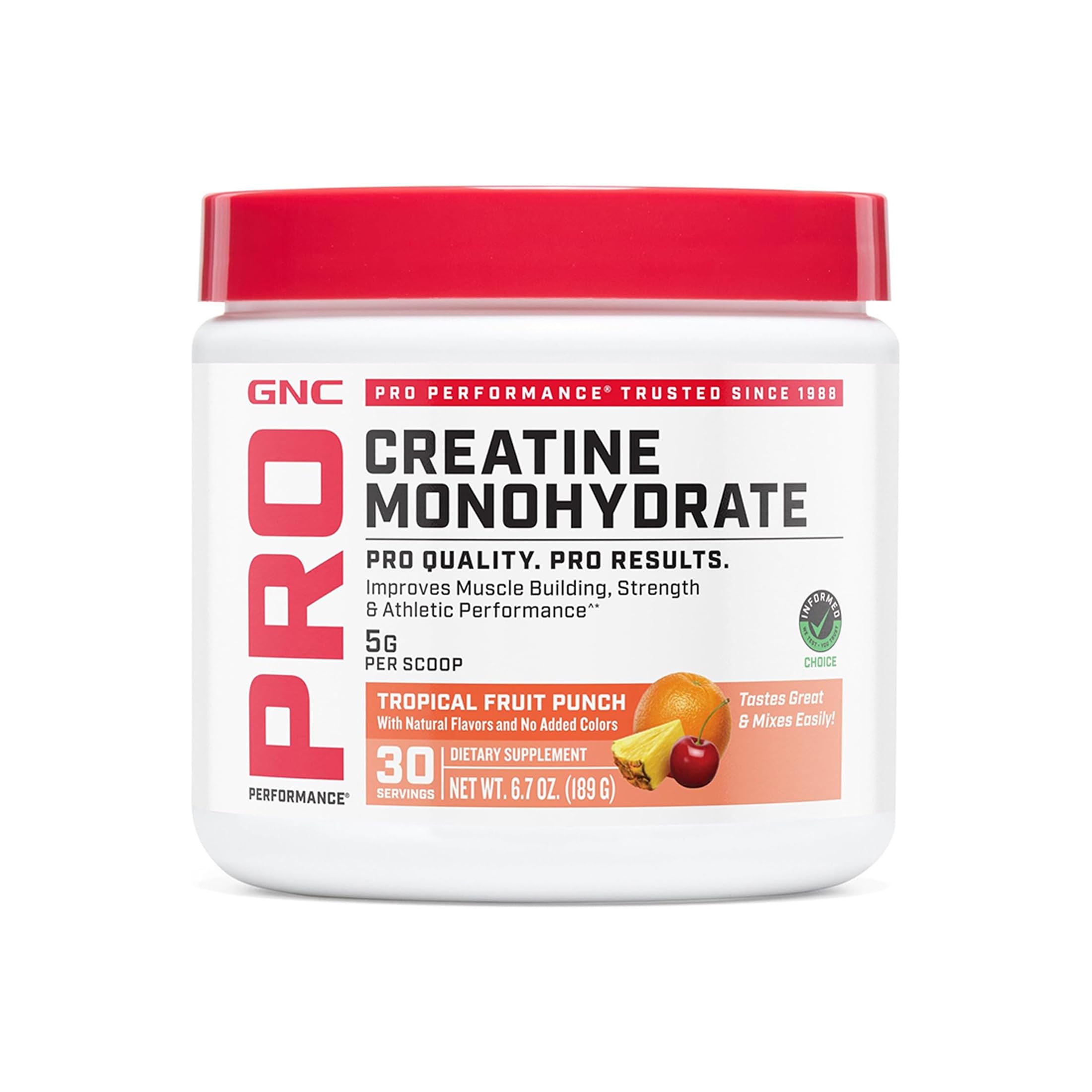 GNC envase frontal del suplemento creatina Pro Performance, referencia visual y confianza