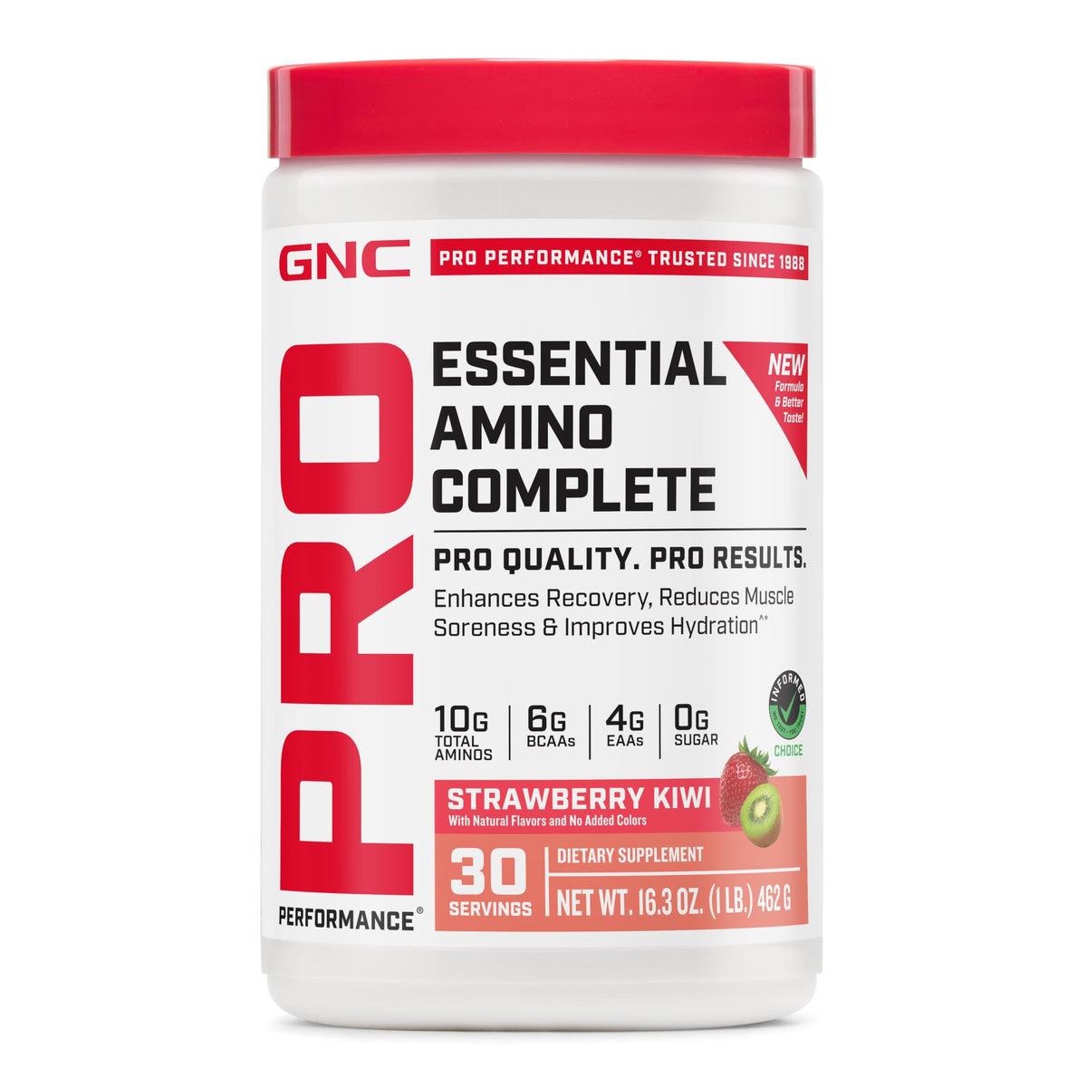 GNC envase frontal Amino Complete fresa kiwi, etiqueta clara y beneficios visibles