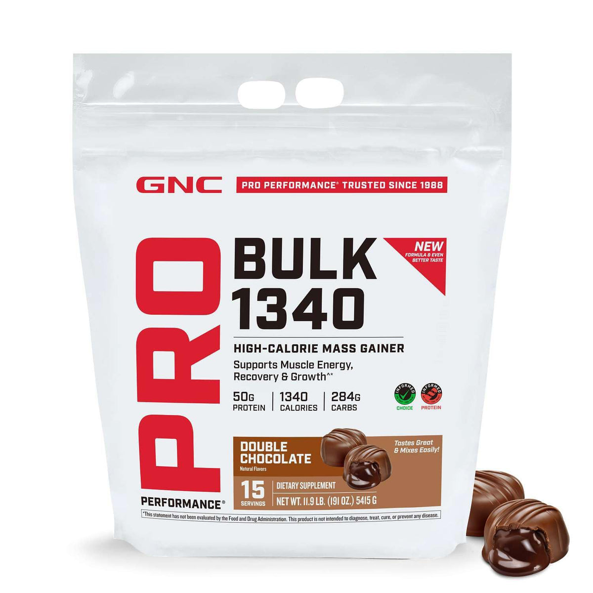GNC envase frontal doble chocolate que muestra tamaño y etiqueta informativa