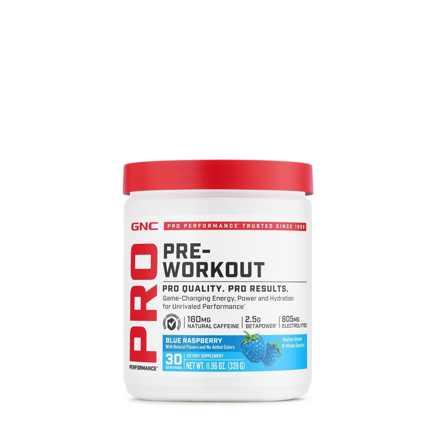 GNC envase frontal blue raspberry mostrando diseño y beneficio energético