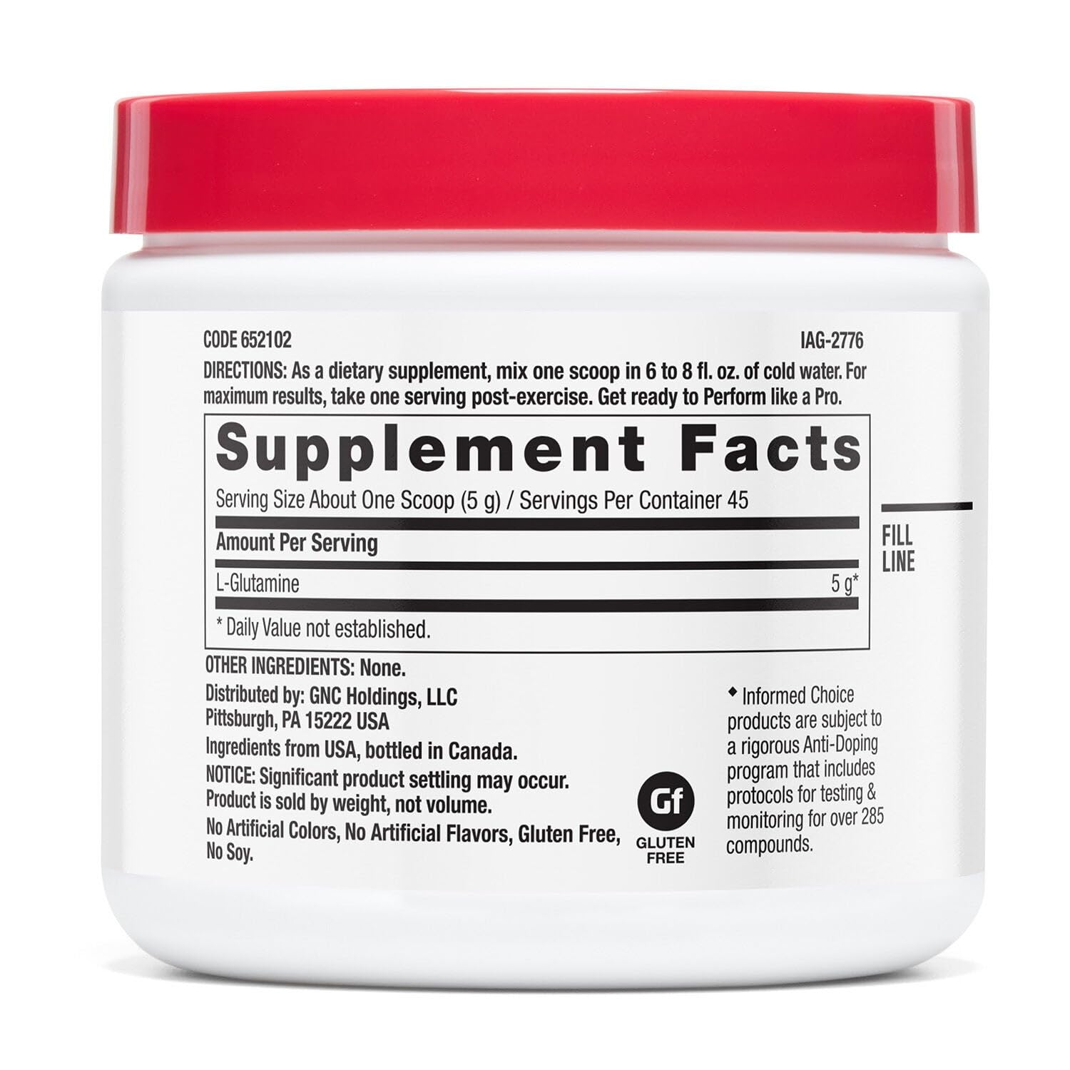 GNC textura del polvo L-Glutamine cercana, aspecto fino y fácil mezclar