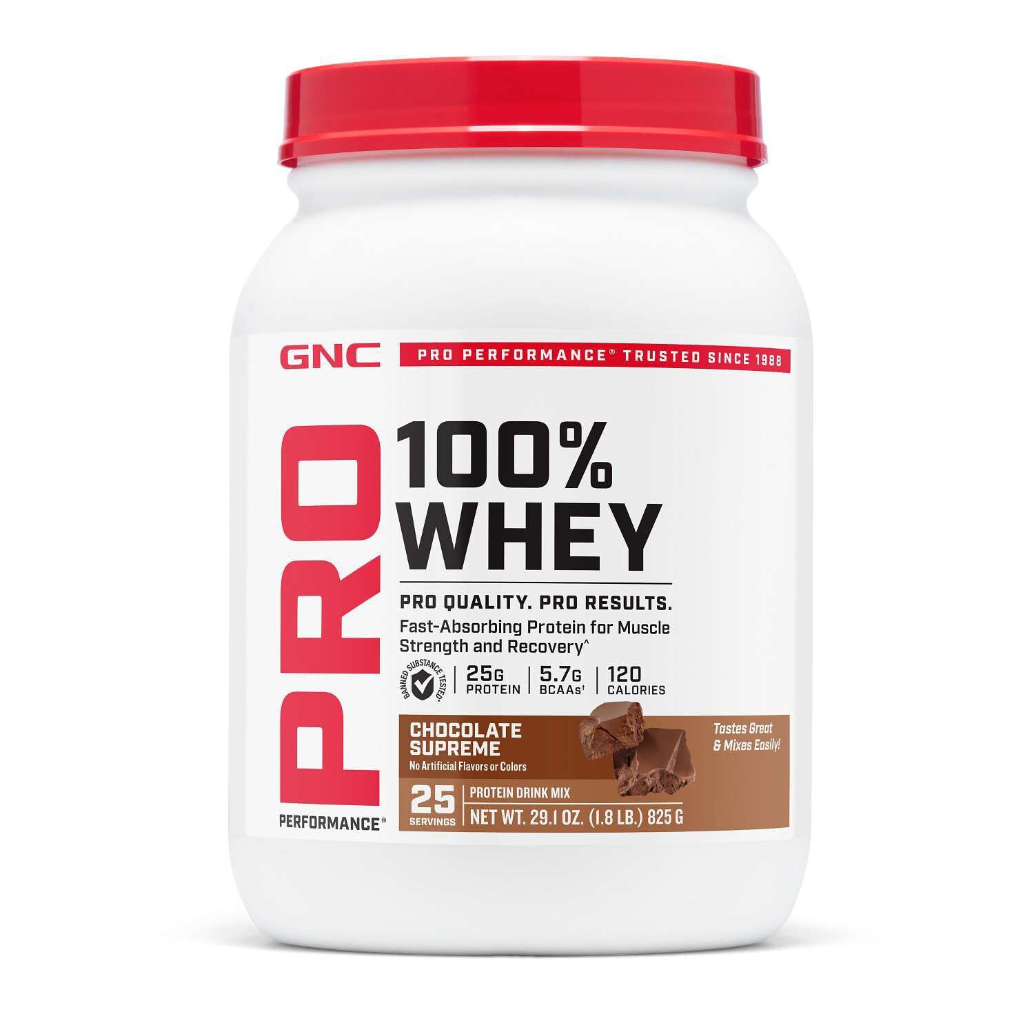 GNC envase frontal mostrando etiqueta clara y beneficio de 25 g proteína
