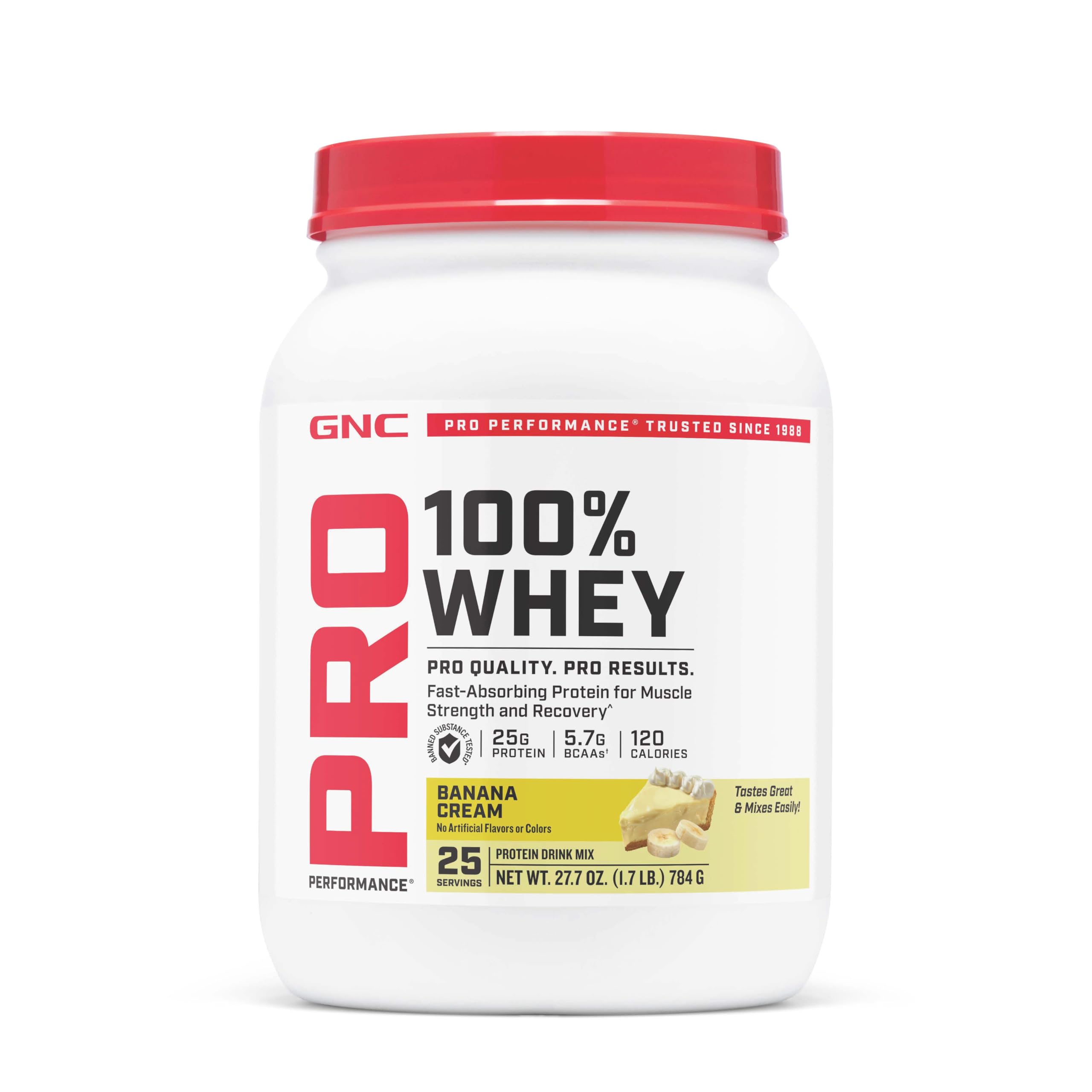 GNC frasco frontal con diseño y valor por porción, muestra confianza