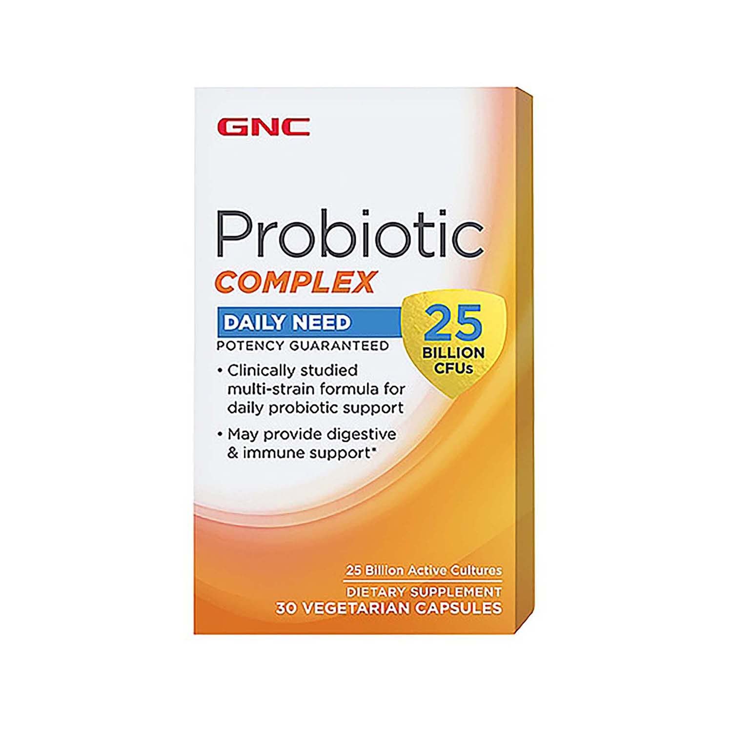 GNC envase frontal del probiótico mostrando 25 mil millones UFC y beneficios