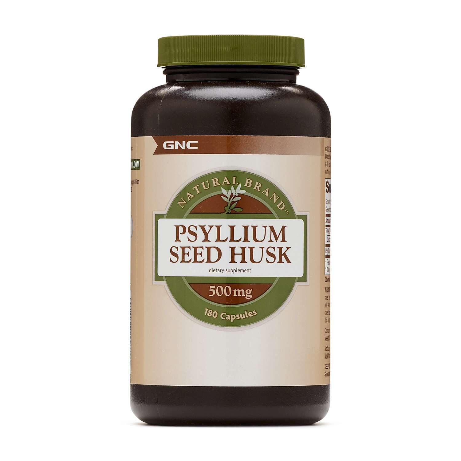 GNC frasco frente con 180 cápsulas de psyllium para apoyo digestivo conveniente