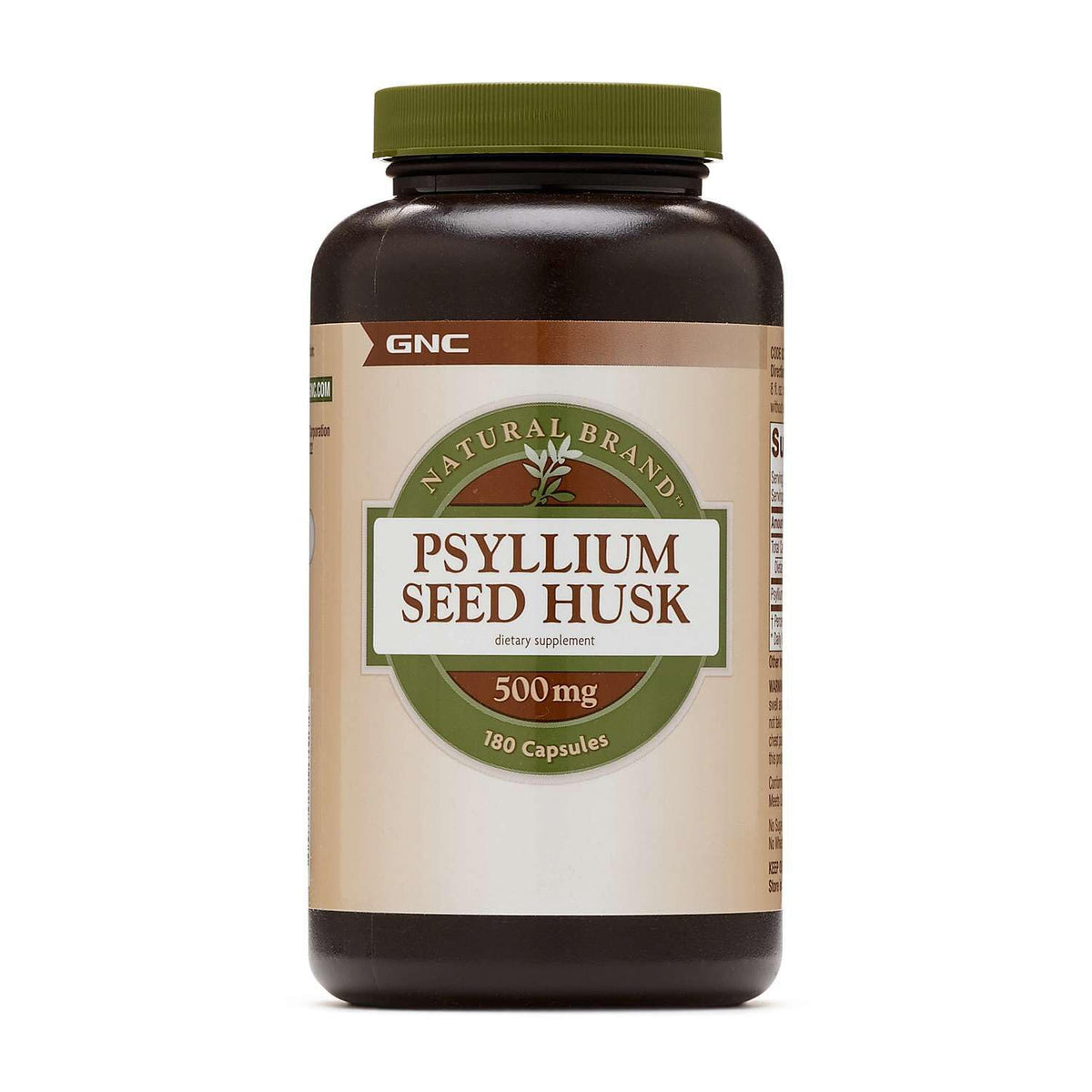 GNC frasco frente con 180 cápsulas de psyllium para apoyo digestivo conveniente