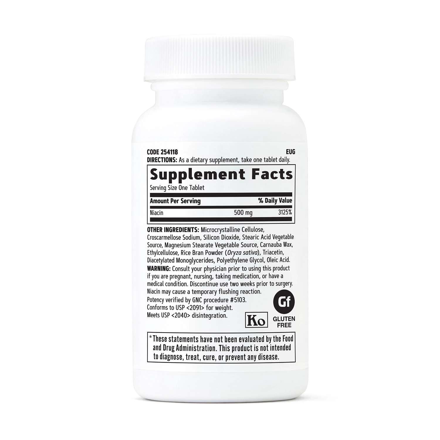 GNC detalle de tableta Niacin 500 mg textura y acabado vegetariano