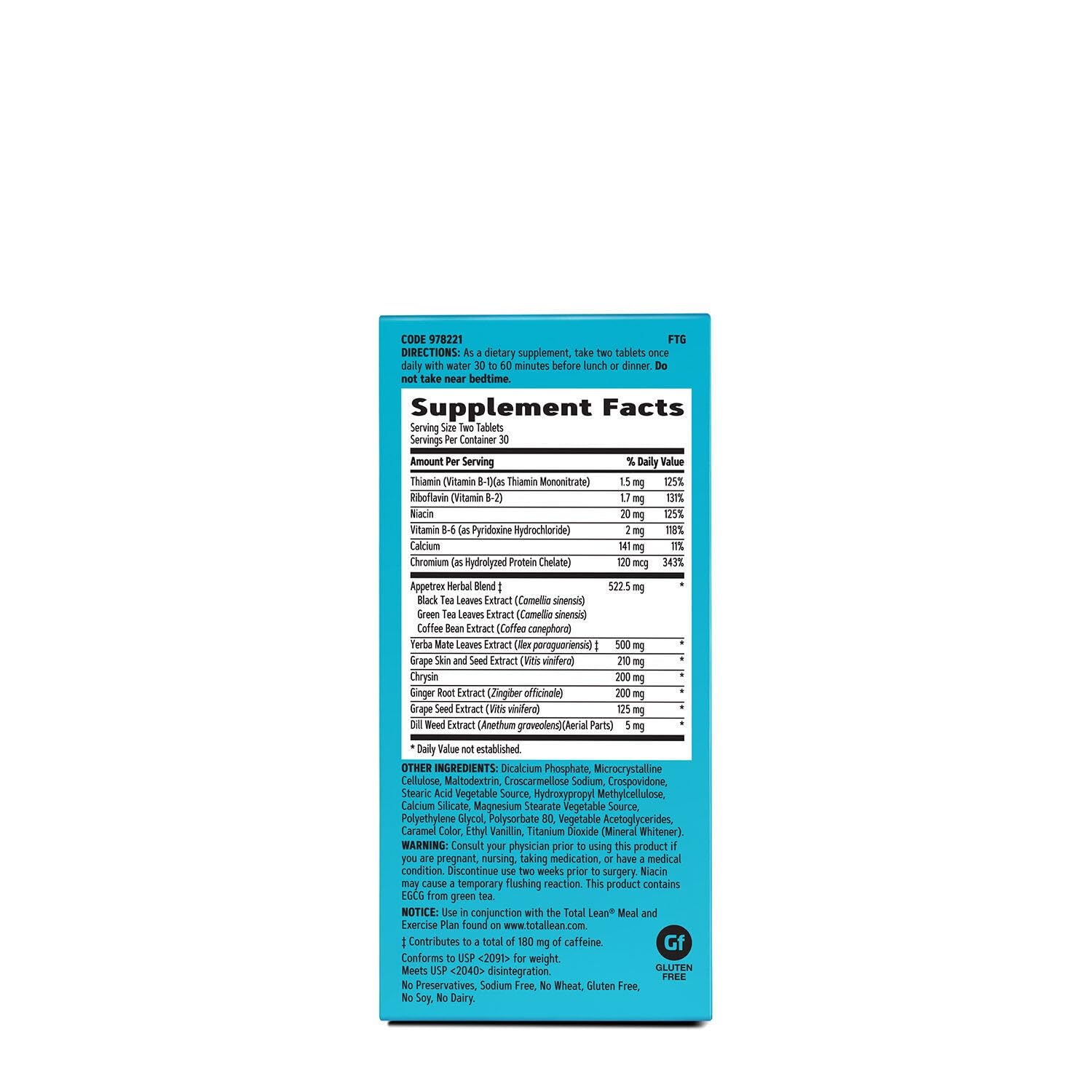 GNC Total Lean Appetrex Control primer plano de tabletas para ver textura y tamaño