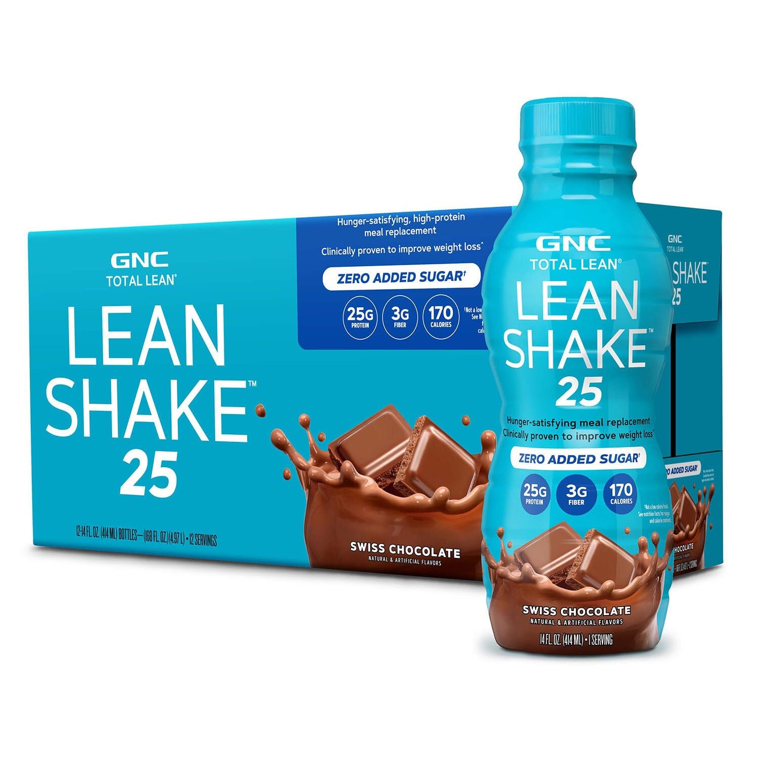 GNC botella frontal Swiss Chocolate mostrando envase práctico y portabilidad