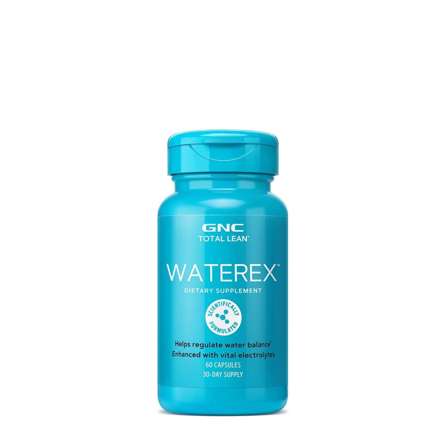 GNC Total Lean Waterex frasco frontal mostrando 60 cápsulas y beneficio de soporte del equilibrio hídrico