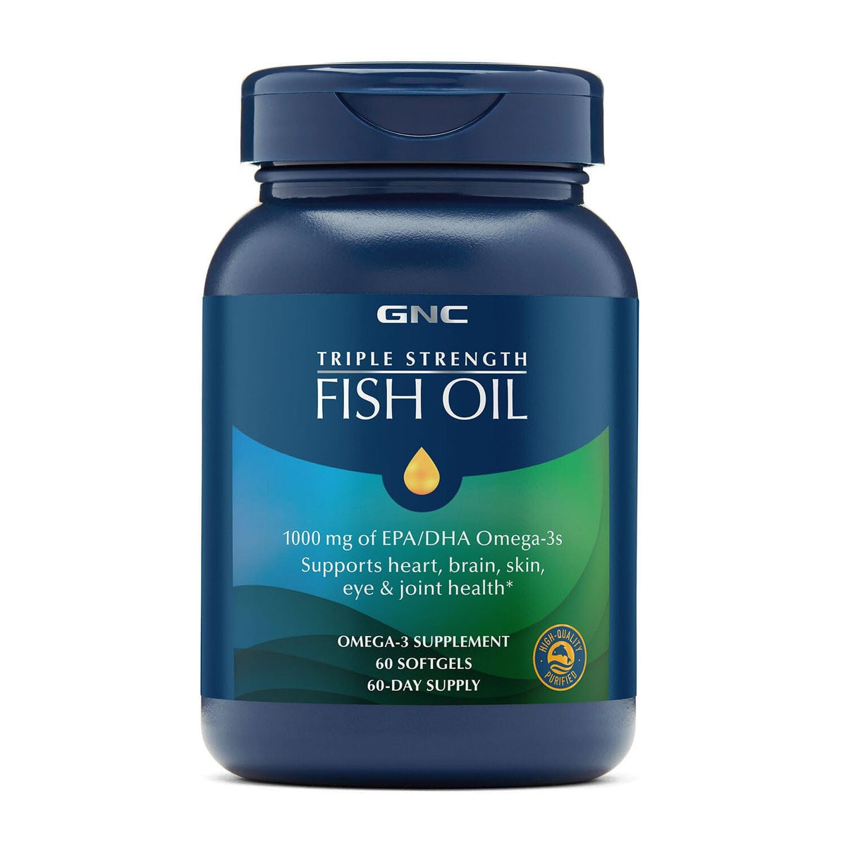 GNC envase frontal del Triple Strength Fish Oil mostrando 60 cápsulas y beneficios