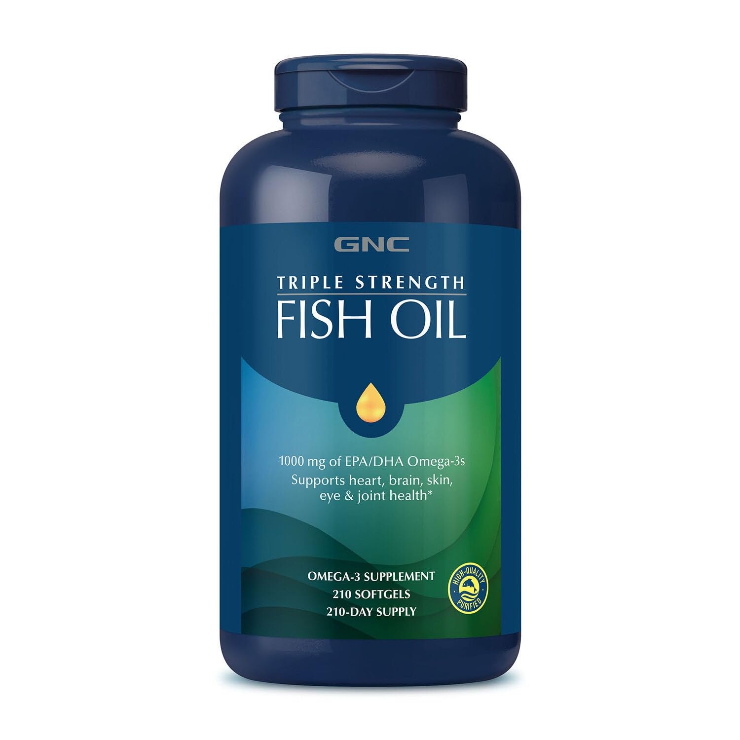 GNC frasco frontal de Triple Strength Fish Oil mostrando 210 cápsulas y etiqueta clara