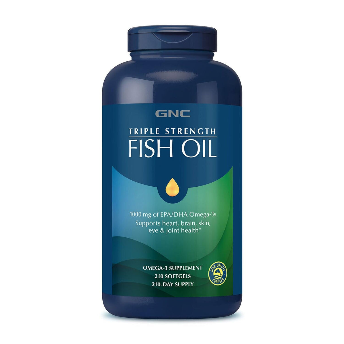 GNC frasco frontal de Triple Strength Fish Oil mostrando 210 cápsulas y etiqueta clara
