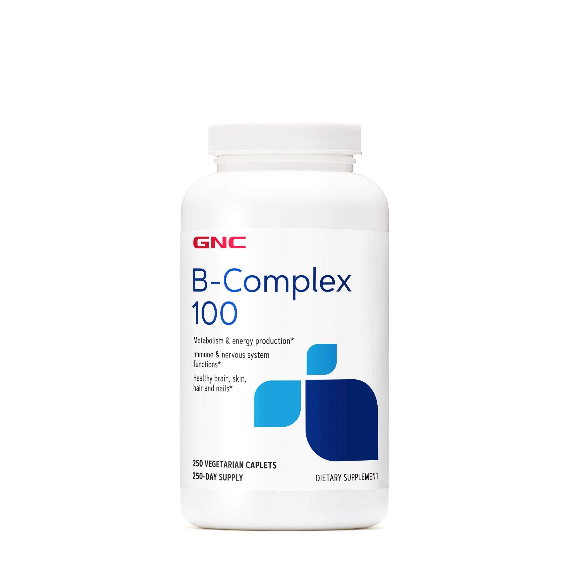 GNC Vitamin B Complex 100 frontal del envase mostrando 250 comprimidos y beneficios claros
