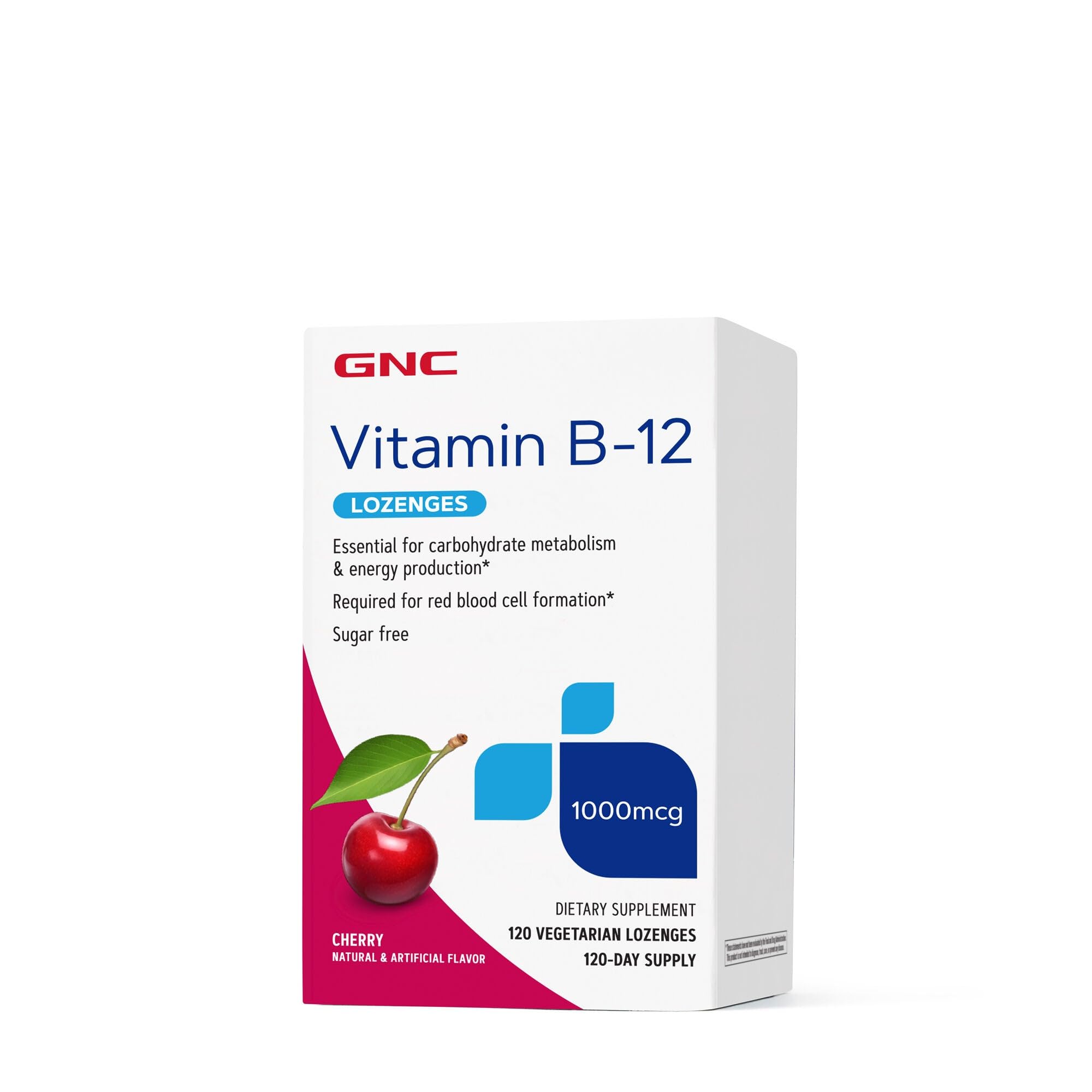 GNC bote frontal con pastillas B-12 sabores cereza, identificación clara y beneficio práctico