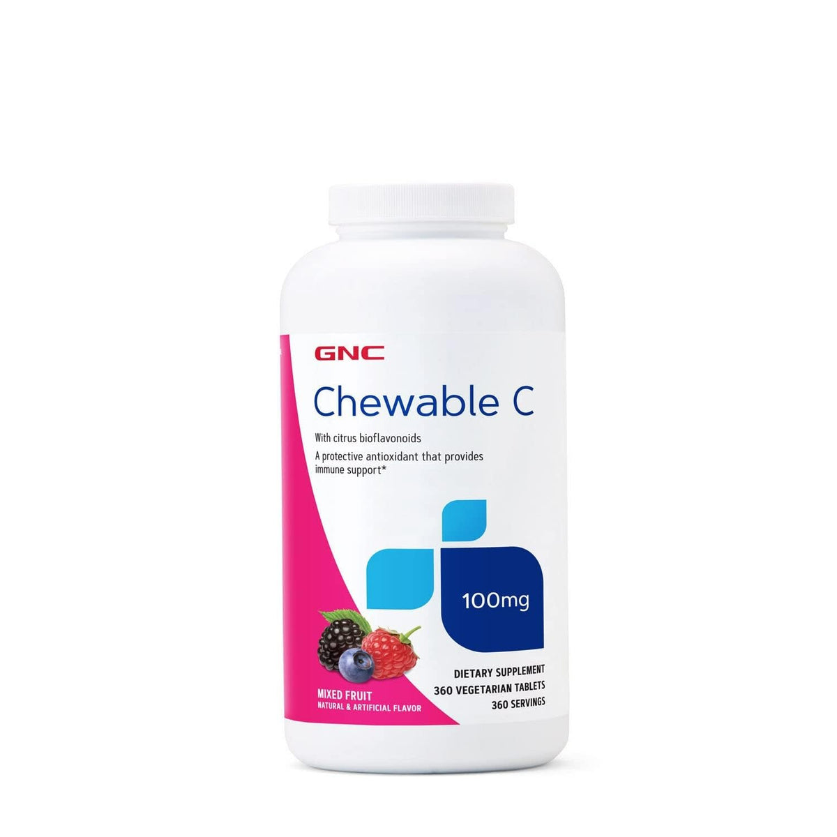 GNC frasco frontal con 360 masticables, muestra conveniencia diaria