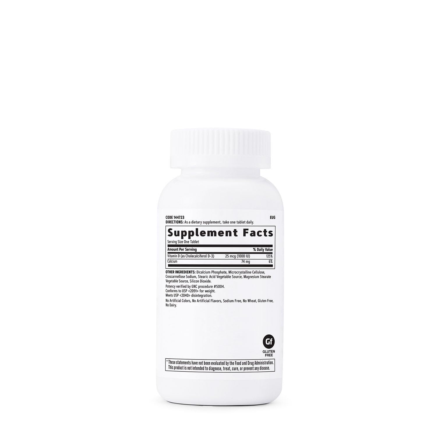 Primer plano tabletas GNC Vitamin D-3 que resalta textura y tamaño fácil de tragar