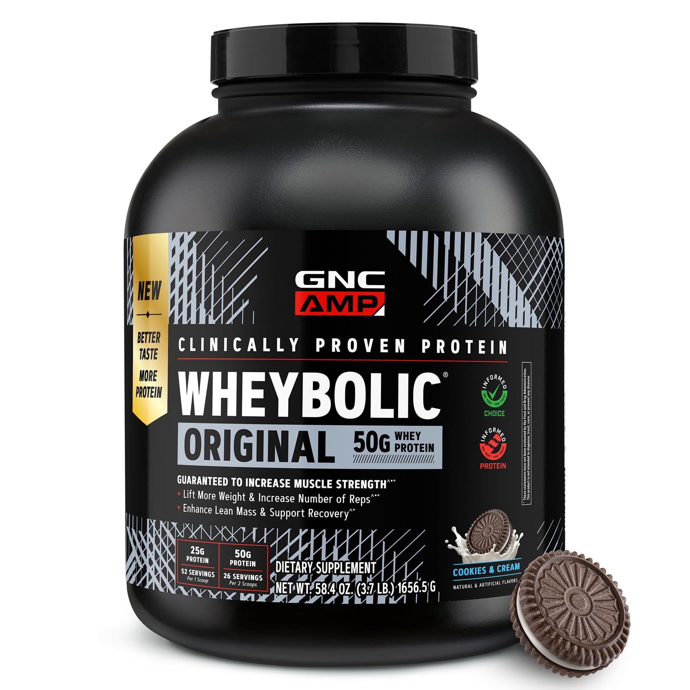 GNC Wheybolic bote frontal mostrando etiqueta y beneficio proteico