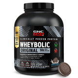 GNC Wheybolic bote frontal mostrando etiqueta y beneficio proteico