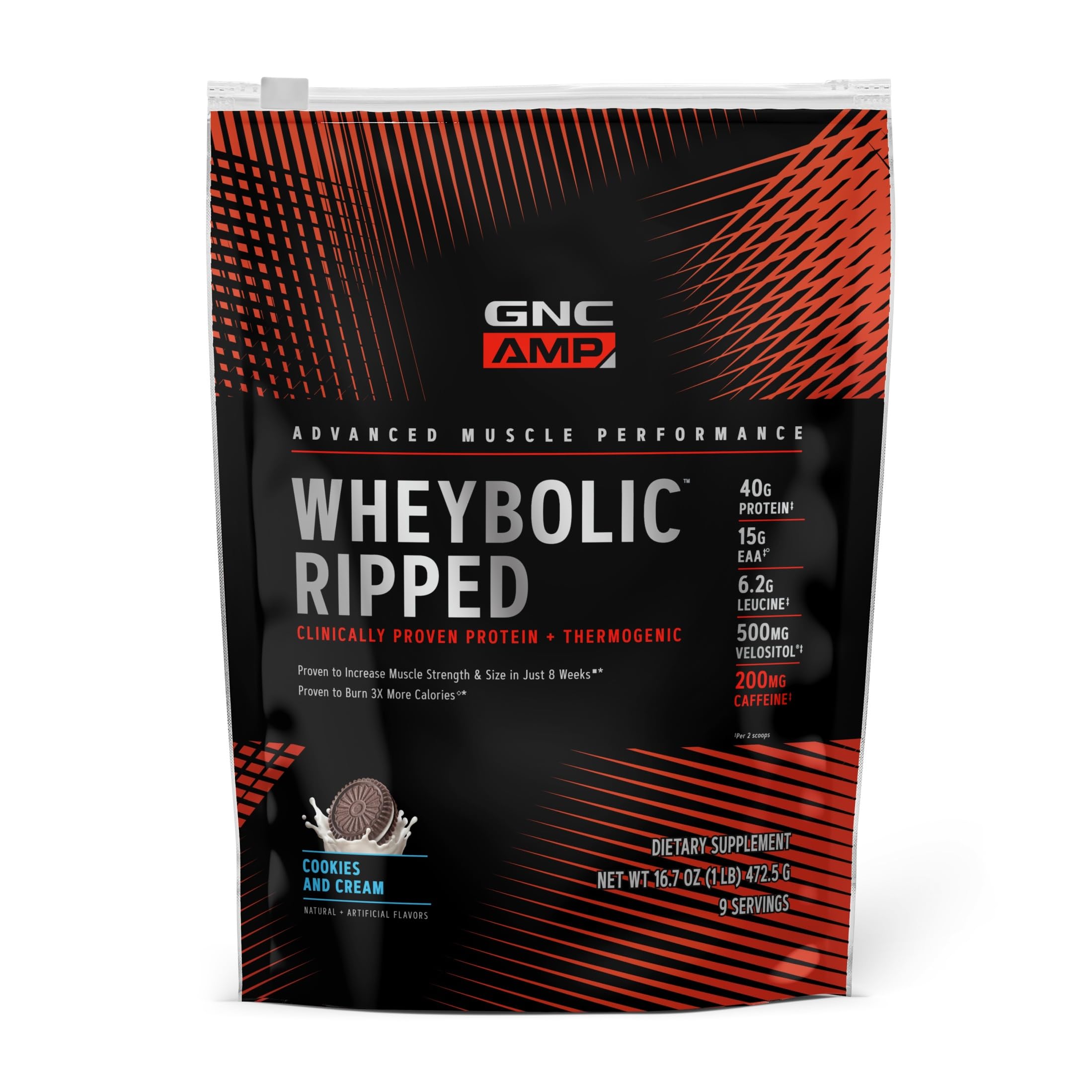GNC envase frontal Wheybolic Ripped mostrando sabor cookies and cream y beneficios