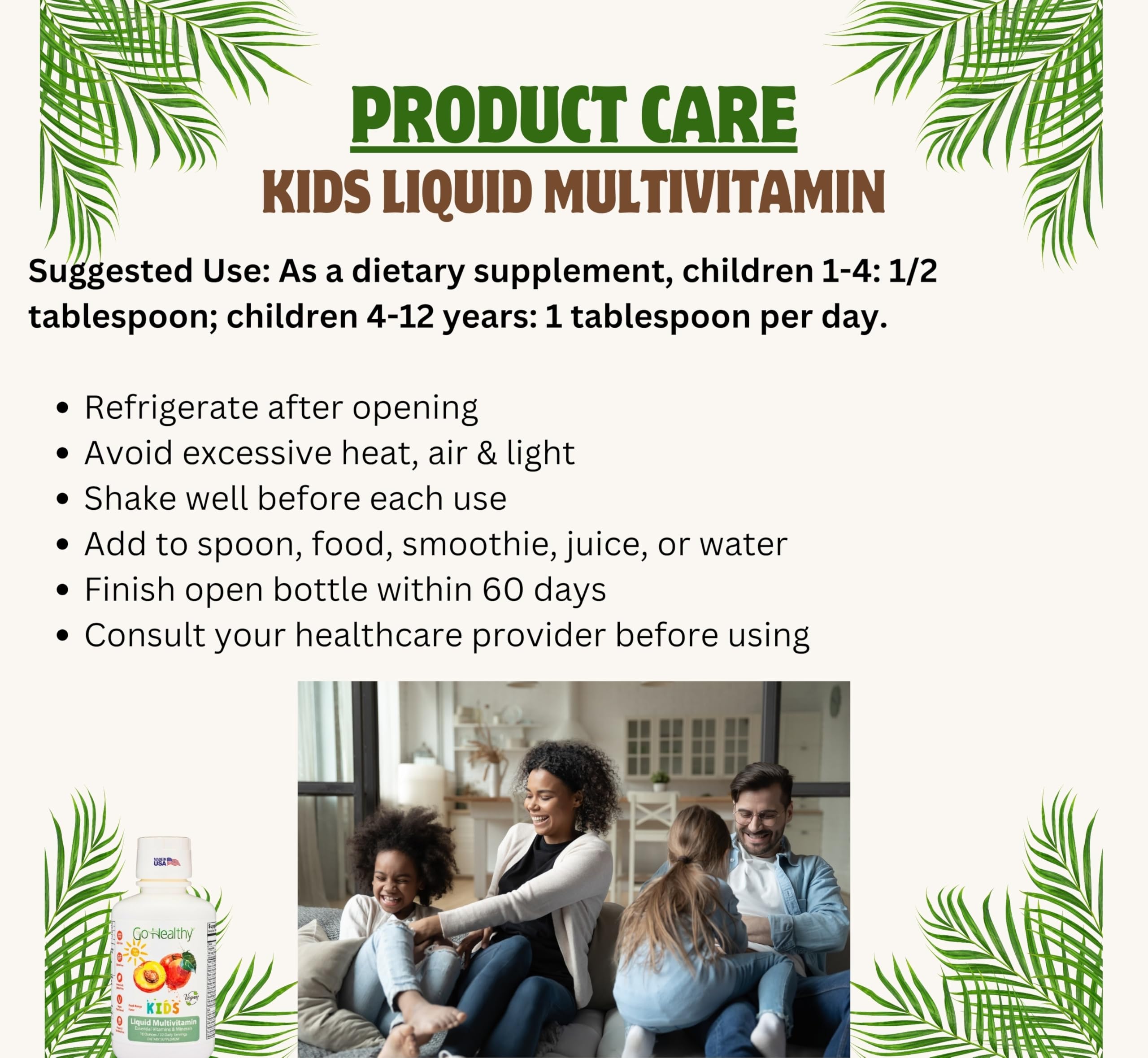 Go Healthy Natural envase junto a certificados de fabricación y frase 'Made in USA'