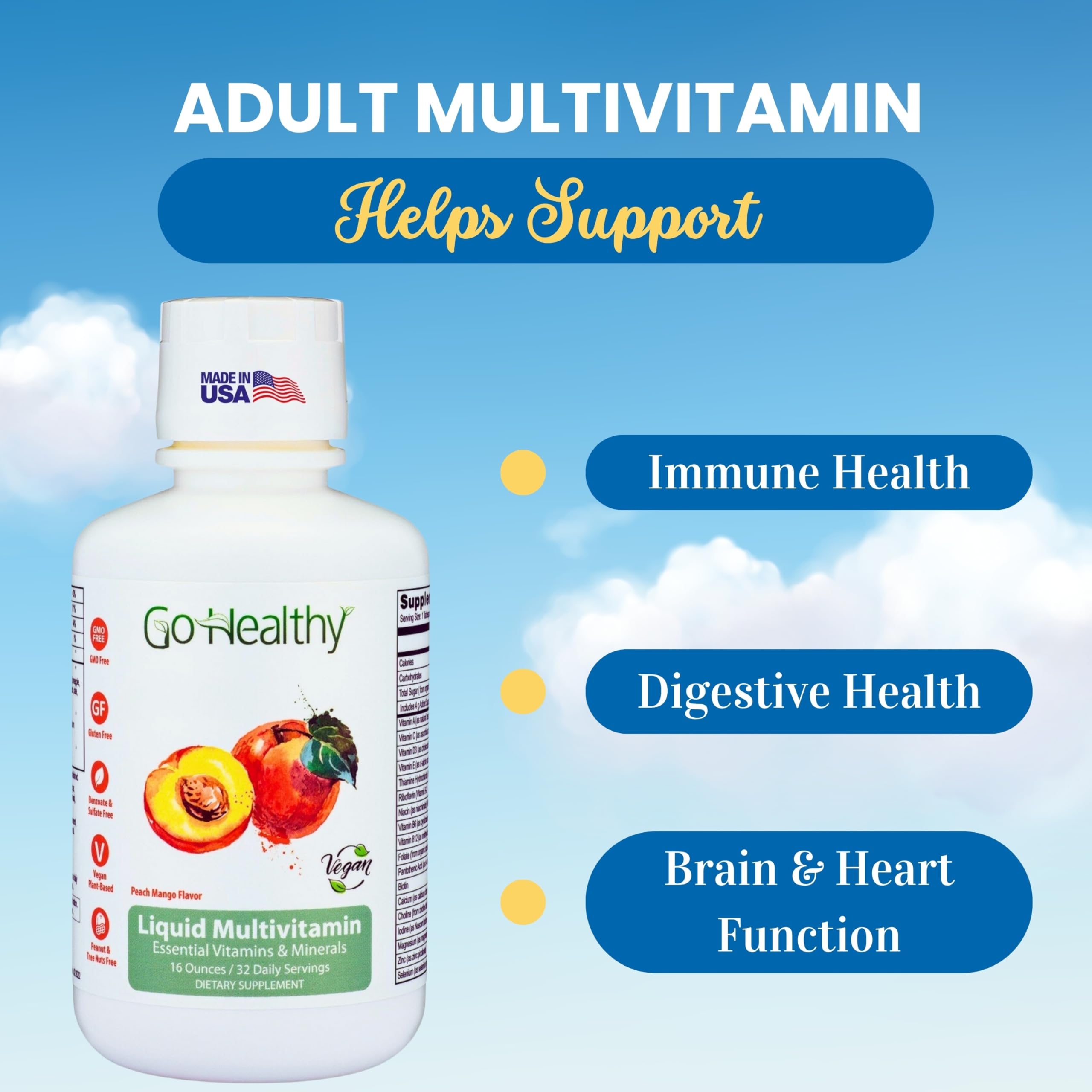 Adulto tomando Go Healthy Liquid Multivitamin, conveniencia diaria evidente