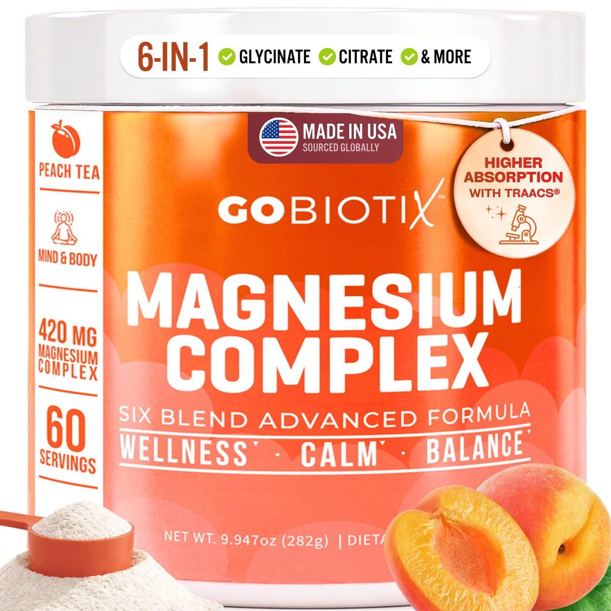 GOBIOTIX envase frontal Peach Tea mostrando 60 servicios y 420 mg