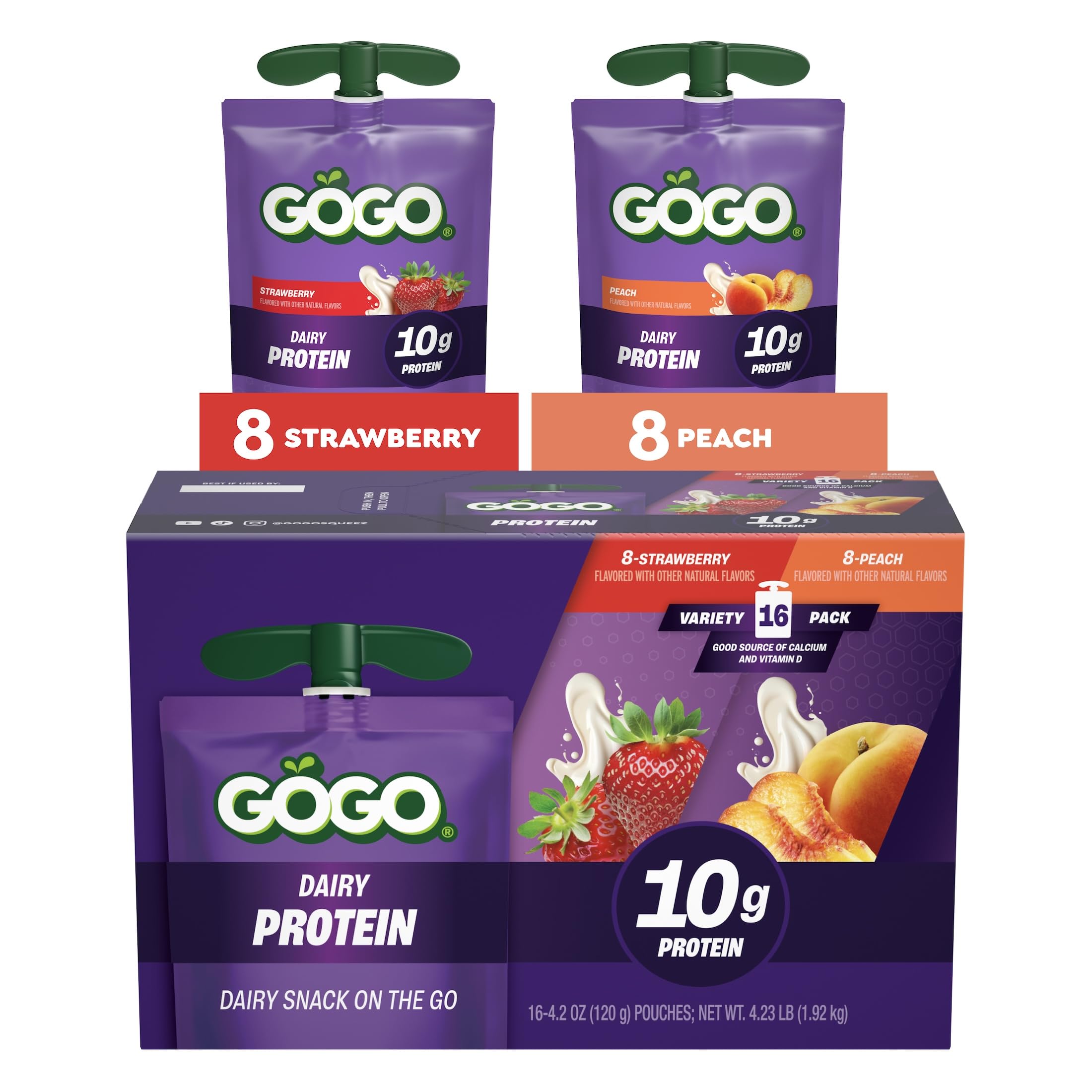GoGo SqueeZ frente del empaque mostrando variedad y conveniencia