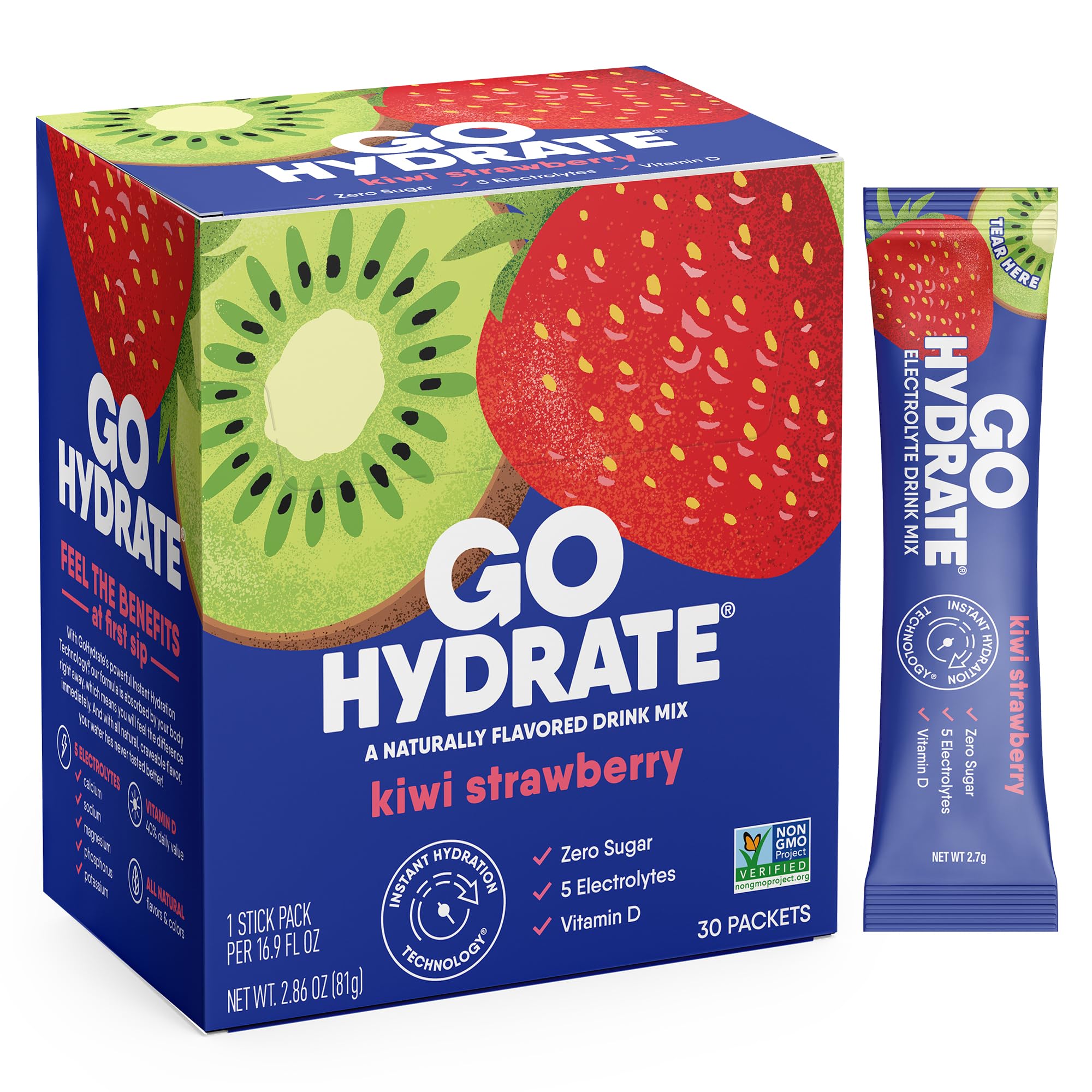 GoHydrate frente del empaque mostrando 30 sobres y fácil transporte